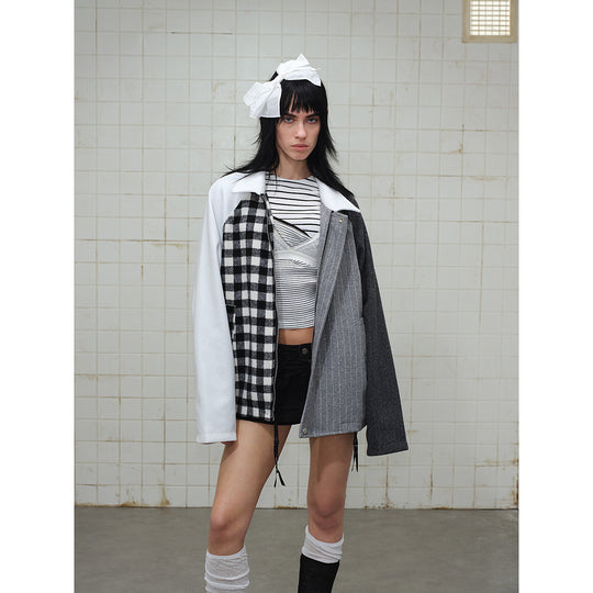 Unisex Kastig geschnittene Patchwork-Blousonjacke aus Wollmix mit Hemdkragen Shop Nory
