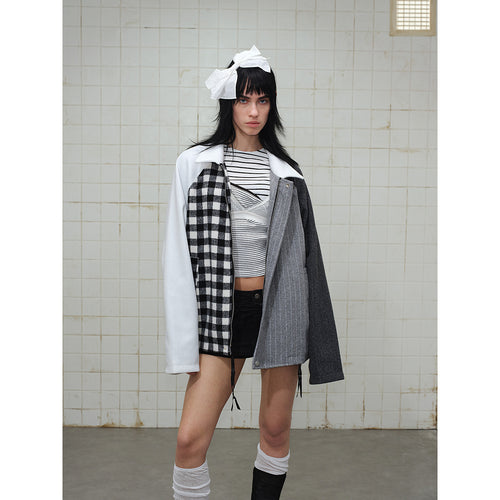 Unisex Kastig geschnittene Patchwork-Blousonjacke aus Wollmix mit Hemdkragen Shop Nory