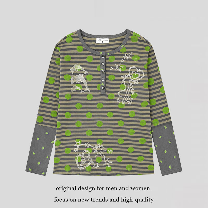 Damen Gestreiftes Henley-Langarmshirt mit Kontrastärmeln, Sternprint und Zierstein-Motiven Shop Nory