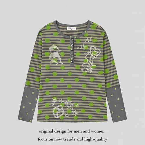 Damen Gestreiftes Henley-Langarmshirt mit Kontrastärmeln, Sternprint und Zierstein-Motiven Shop Nory