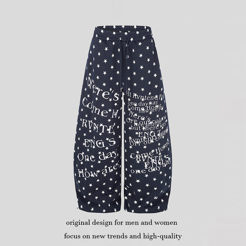Damen Weite Palazzo-Loungehose mit Sternenallover, Tunnelzugbund und typografischem Print Shop Nory