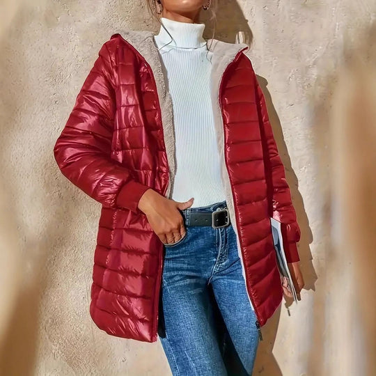 Damen Langer Steppmantel mit Teddyfutter und Kapuze Shop Nory