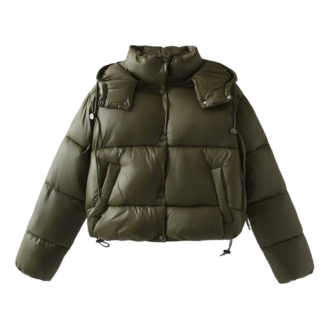 Damen Glänzende Cropped Pufferjacke mit Kordelzug und Druckknopfblende Shop Nory