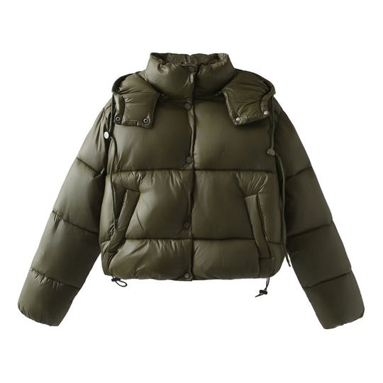Damen Glänzende Cropped Pufferjacke mit Kordelzug und Druckknopfblende Shop Nory