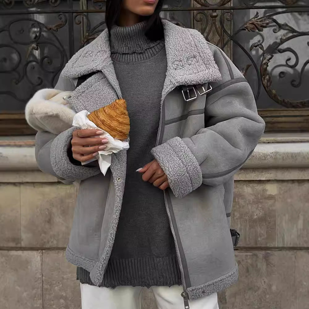 Damen Weit geschnittene Lammfellimitat-Fliegerjacke mit Kunstfellfutter Shop Nory