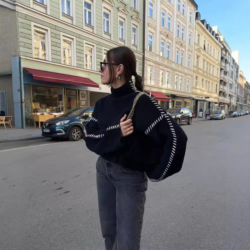 Damen Oversize-Strickpullover mit Stehkragen, Ballonärmeln und Ziernaht Shop Nory