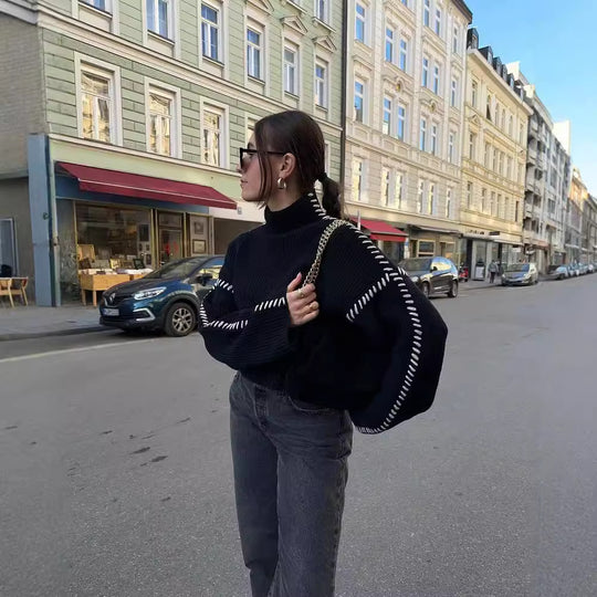 Damen Oversize-Strickpullover mit Stehkragen, Ballonärmeln und Ziernaht Shop Nory