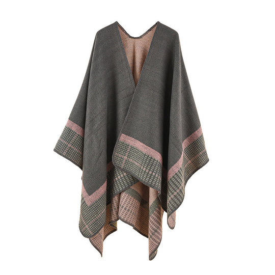 Damen Wollmix-Poncho im asymmetrischen Zipfelschnitt mit eingewebter Karobordüre Shop Nory