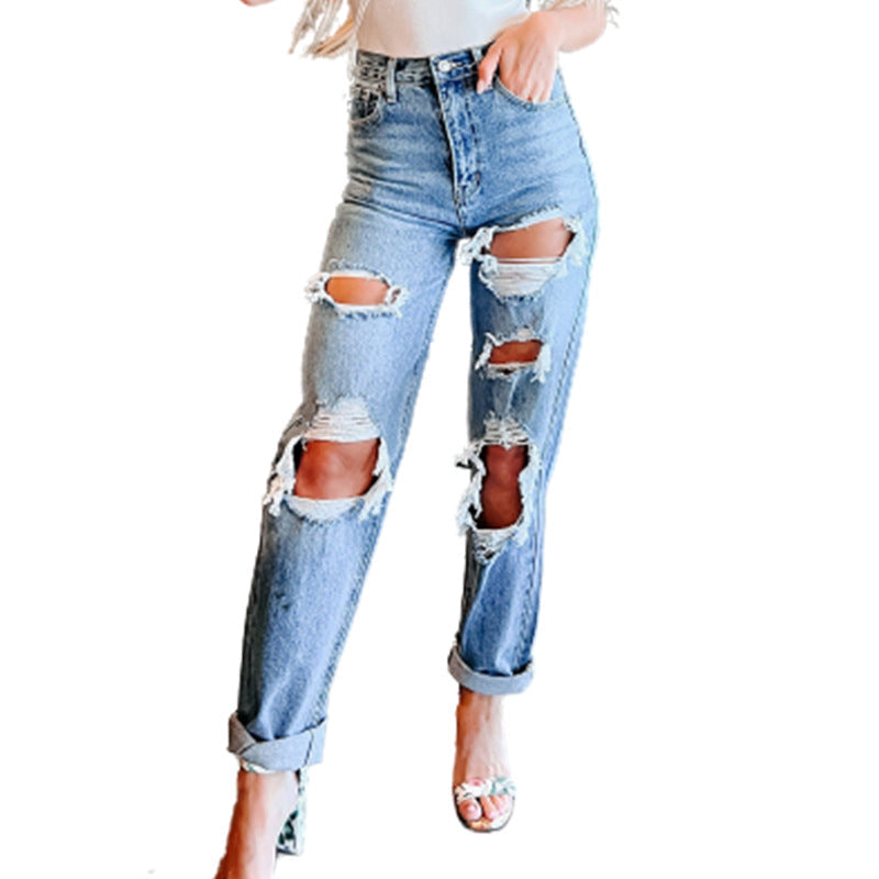 Damen Destroyed Boyfriend Jeans im lässigen Schnitt mit hohem Bund