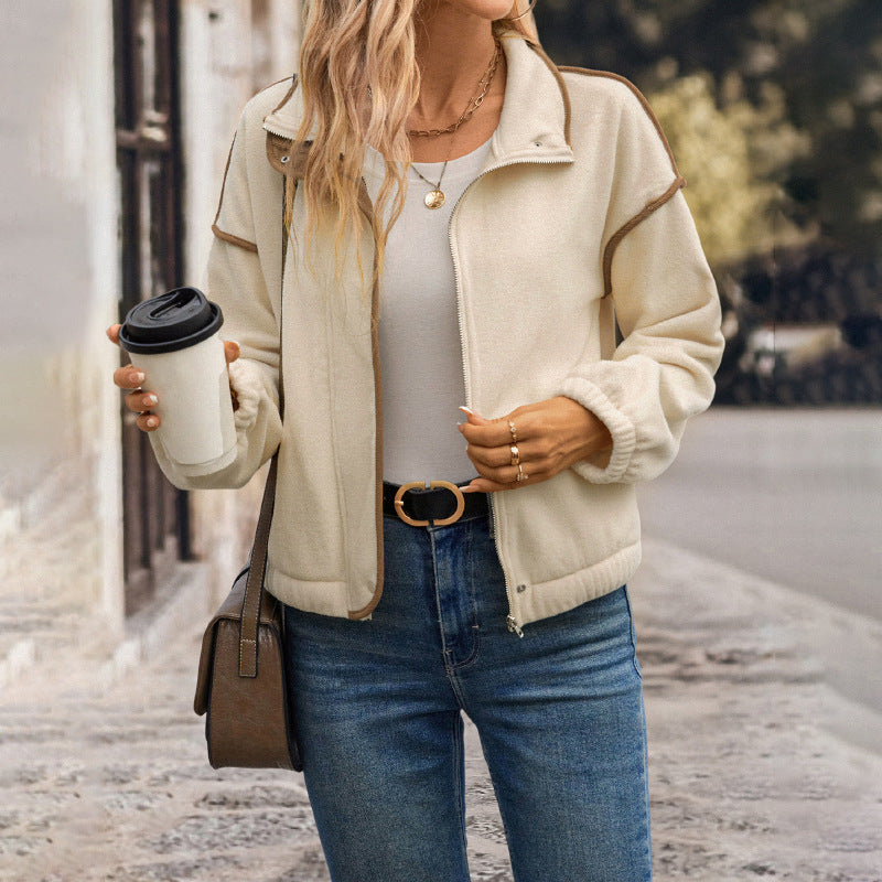 Damen Kurzjacke aus Teddy-Fleece mit Stehkragen, Kontrastpaspel und Reißverschluss Shop Nory
