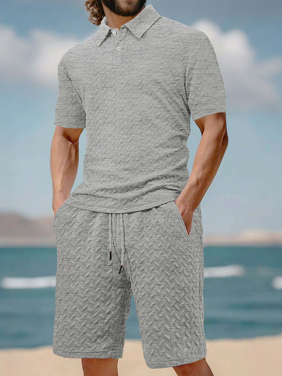 Herren nan geprägtes Strand-Ensemble mit offenem Kurzarm-Hemd und Kordel-Bermuda