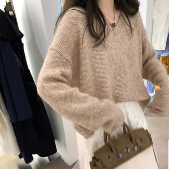 Damen Oversize V‑Ausschnitt Mohair‑Look Pullover mit Angora‑Optik und überschnittener Schulter Shop Nory