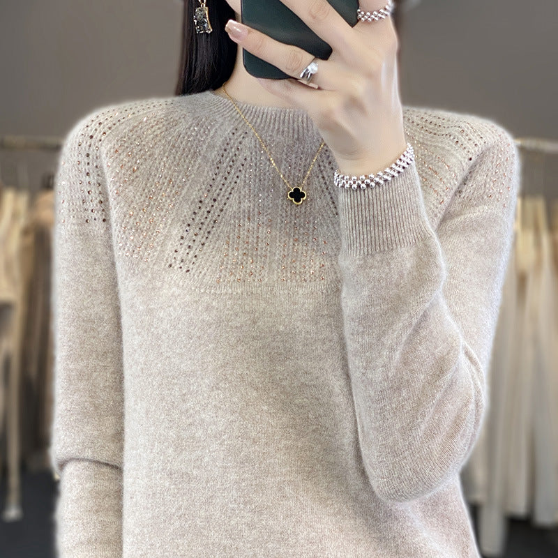 Damen Weicher Kaschmir‑Optik Feinstrickpullover mit Ajour‑Yoke und Paillettenbesatz Shop Nory