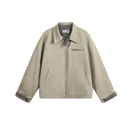 Unisex Kurz geschnittene Boxy-Blousonjacke mit karierter Innenfütterung und Brustzippertasche Shop Nory