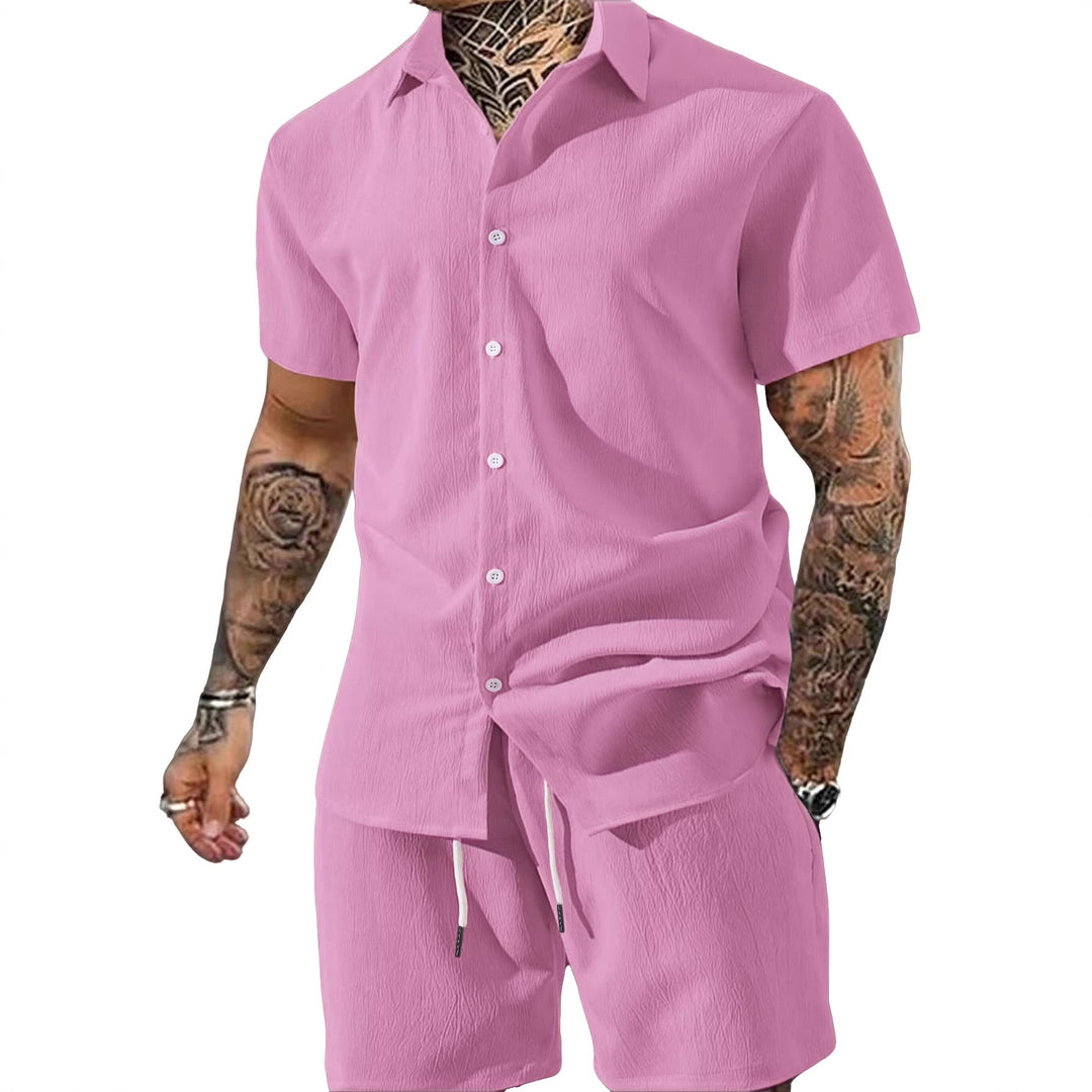 Herren nan Crinkle-Lounge-Set mit offenem Revershemd, integriertem Kurzarm-T-Shirt und Kordel-Bermuda Shopnory