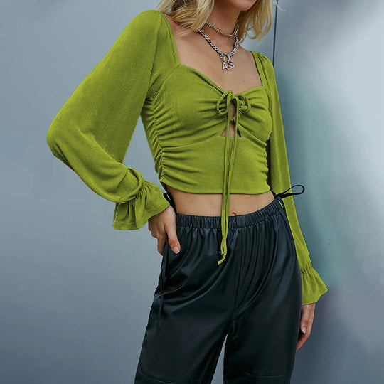 Damen gerafftes Crop-Top mit Herz-Bustier, Knoten-Detail und voluminösen Trompetenärmeln Shop Nory