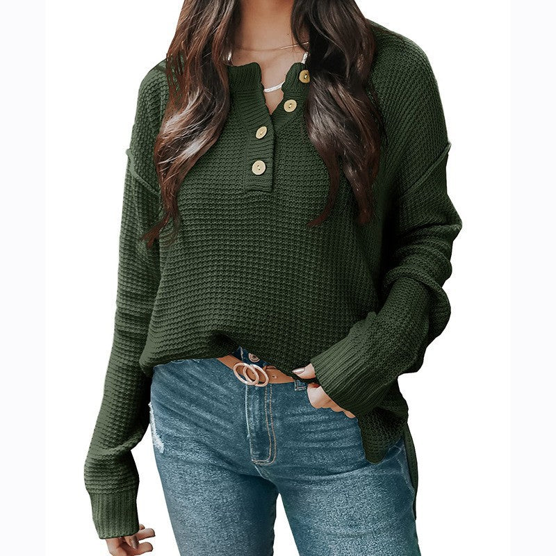 Damen nan lockerer Waffelstruktur Henley Pullover mit Knopfleiste und überschnittener Schulter Shop Nory