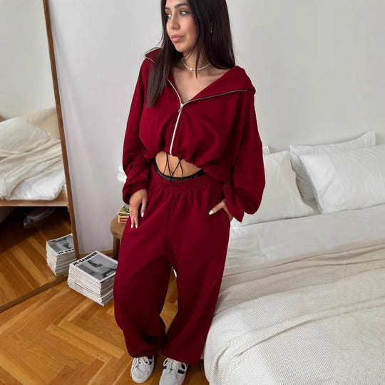 Damen kurzes Kapuzenzipper-Lounge-Set mit oversized Ärmeln und weitem Jogginghose-Schnitt Shop Nory