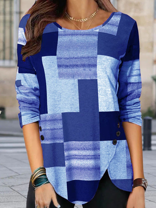 Damen gemustertes Langarm-Tunika-Shirt mit asymmetrischem Saum und dekorativer Knopfleiste Shop Nory
