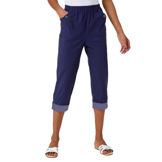 Damen Cropped Capri-Hose mit elastischem Bund, aufgesetzten Taschen und kontrastiertem Umschlag Shop Nory