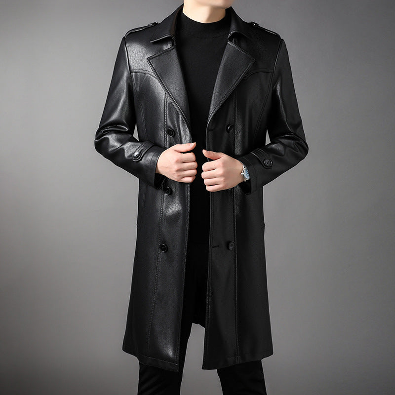 Herren Langer Ledertrenchcoat mit Taillengürtel und doppelreihiger Knopfleiste Shop Nory