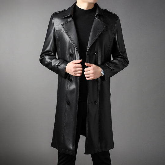 Herren Langer Ledertrenchcoat mit Taillengürtel und doppelreihiger Knopfleiste Shop Nory
