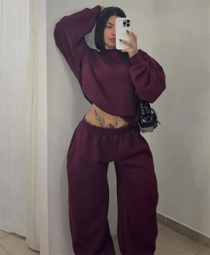 Damen Cropped-Sweatshirt mit hohem Rundhalsausschnitt und elastischer Tunnelzug Wide-Leg Jogginghose Set Shop Nory