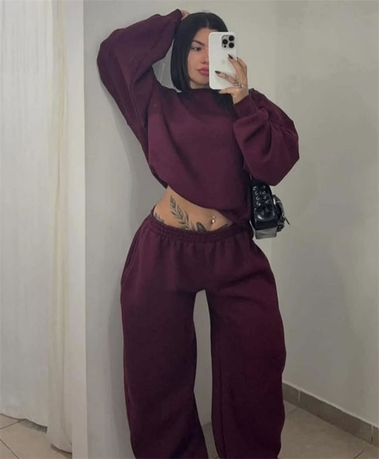 Damen Cropped-Sweatshirt mit hohem Rundhalsausschnitt und elastischer Tunnelzug Wide-Leg Jogginghose Set Shop Nory