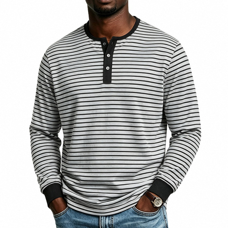Herren Gestreiftes Langarm-Henleyshirt aus Baumwollmischung mit Knopfleiste Shop Nory