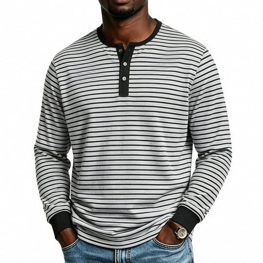 Herren Gestreiftes Langarm-Henleyshirt aus Baumwollmischung mit Knopfleiste Shop Nory