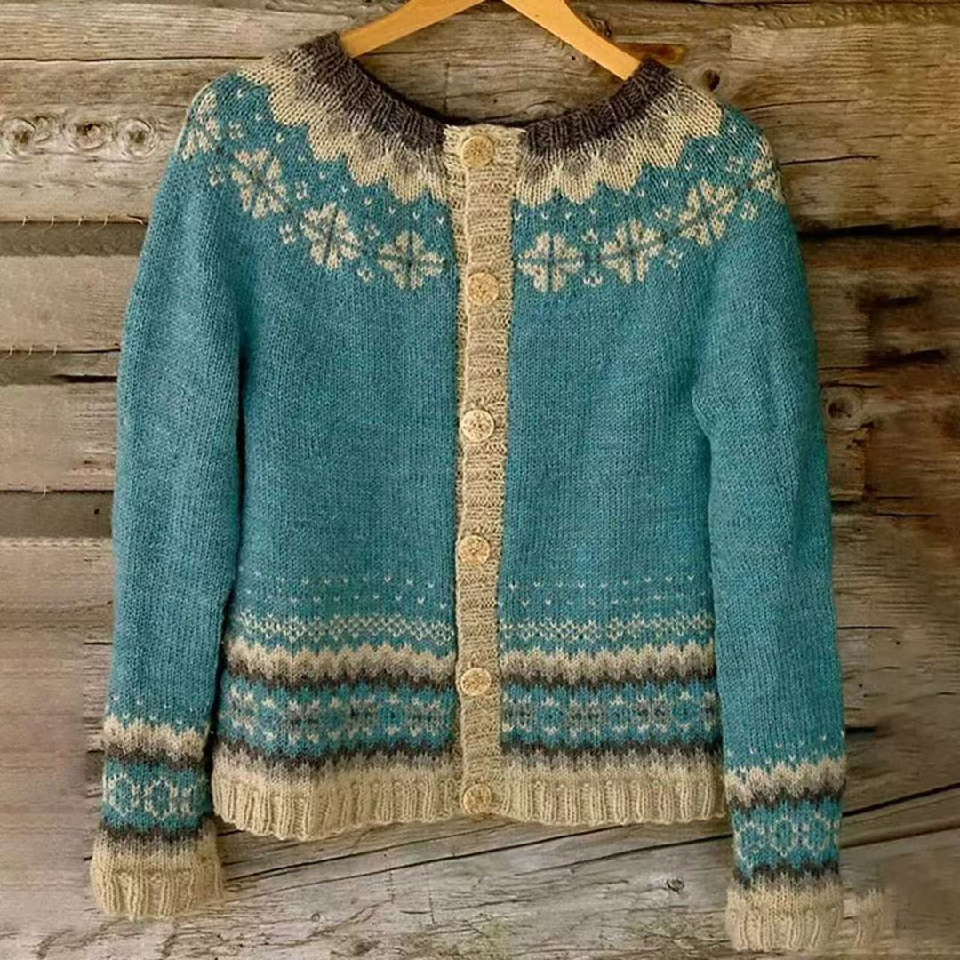 Damen nan gemusterte Strickjacke mit Rundpasse, Holzknöpfen und Eingrifftaschen Shop Nory