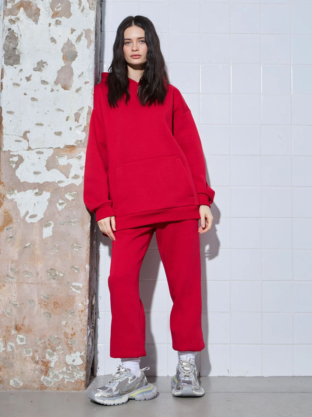 Damen lässiges Kapuzen-Sweatset aus schwerer Baumwollfleece mit Kängurutasche und gerader Jogginghose Shop Nory