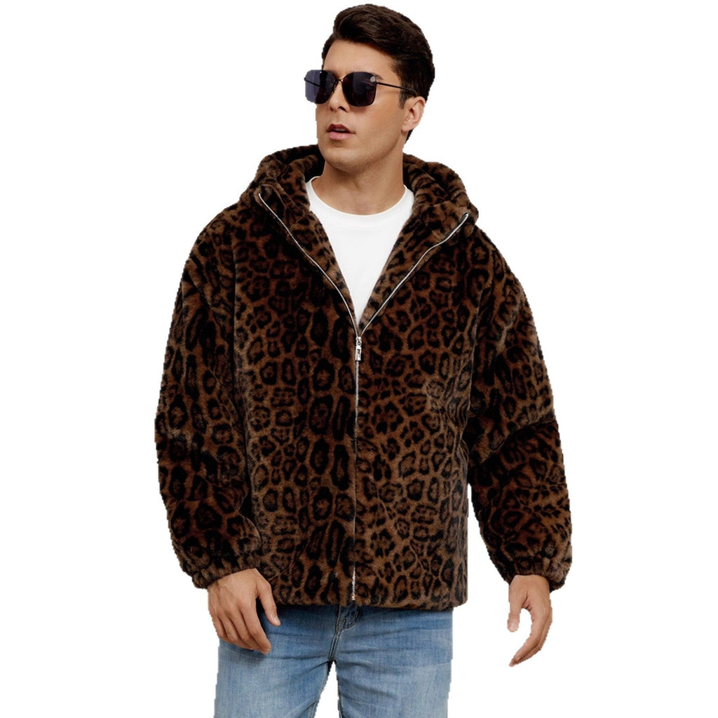 Herren Flauschige Kunstpelzjacke mit modischem Leopardenmuster