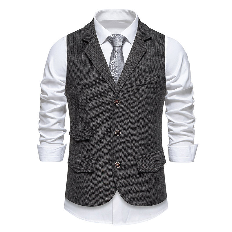 Herren Tweed-Weste mit Fischgrätstruktur, Reverskragen und Pattentaschen Shop Nory