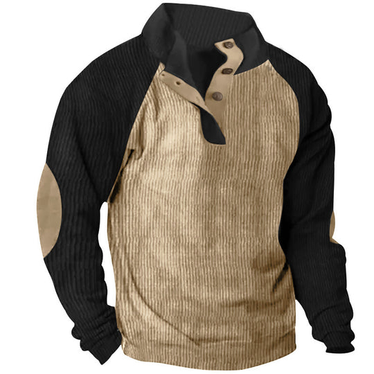 Herren Strukturiertes Raglan-Henley-Pullover mit Stehkragen, Ellenbogenpatches & Knopfleiste Shop Nory