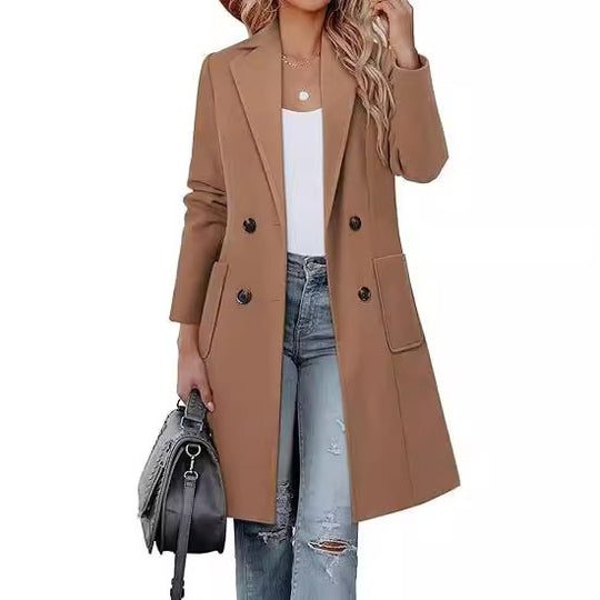 Damen Doppelreihiger Longblazer-Mantel mit aufgesetzten Taschen und taillierter Silhouette Shop Nory