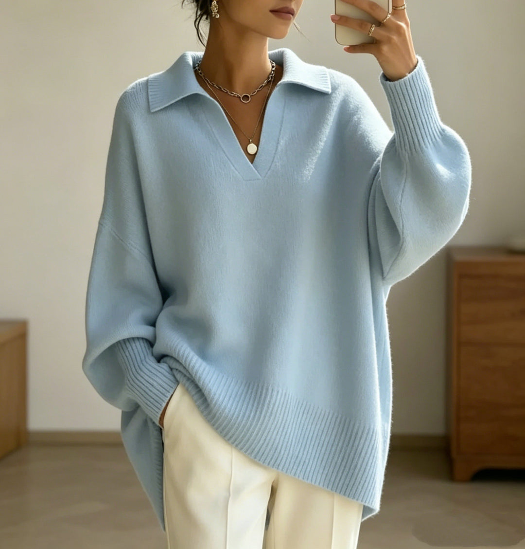 Damen Oversize-Polokragen V-Ausschnitt Strickpullover mit Ballonärmeln Shop Nory