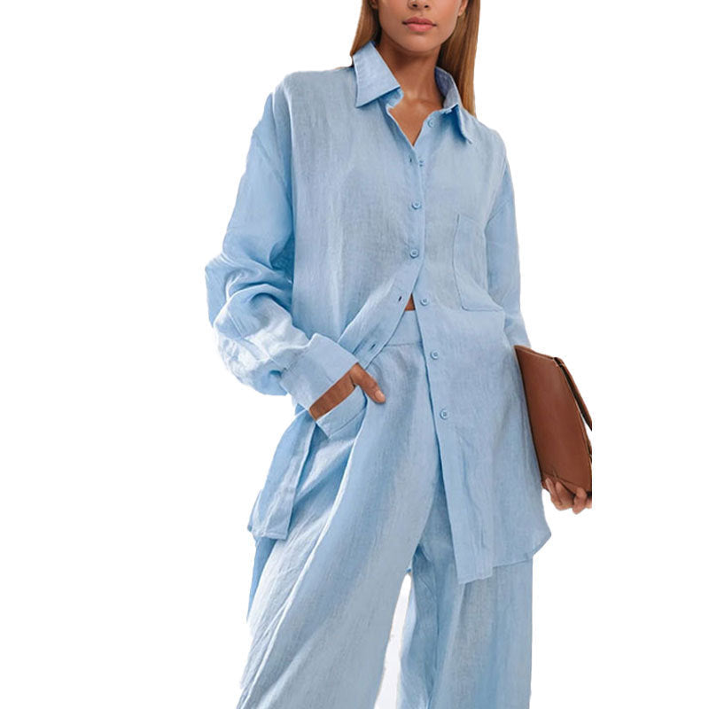 Damen lässiges Leinen-Hemd- und Hosen-Set