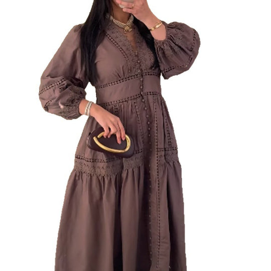 Damen Maxikleid im Boho‑Stil mit Spitzeneinsätzen, Knopfleiste und Ballonärmeln Shop Nory