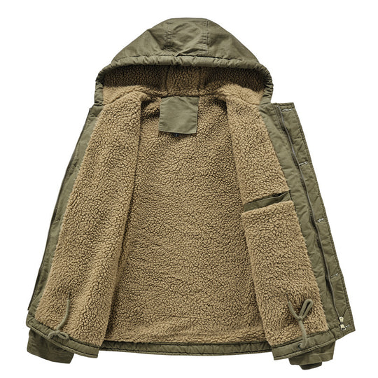 Herren wattierte Kapuzenjacke im Canvas‑Look mit Sherpa‑Futter und Militärprint Shop Nory