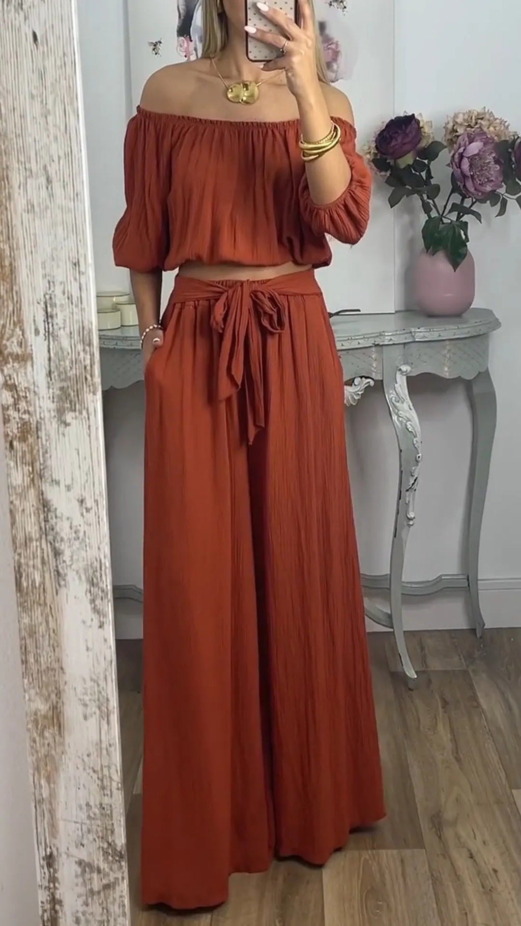 Damen Weites Hosenensemble mit raffiniertem Crop-Oberteil Shopnory