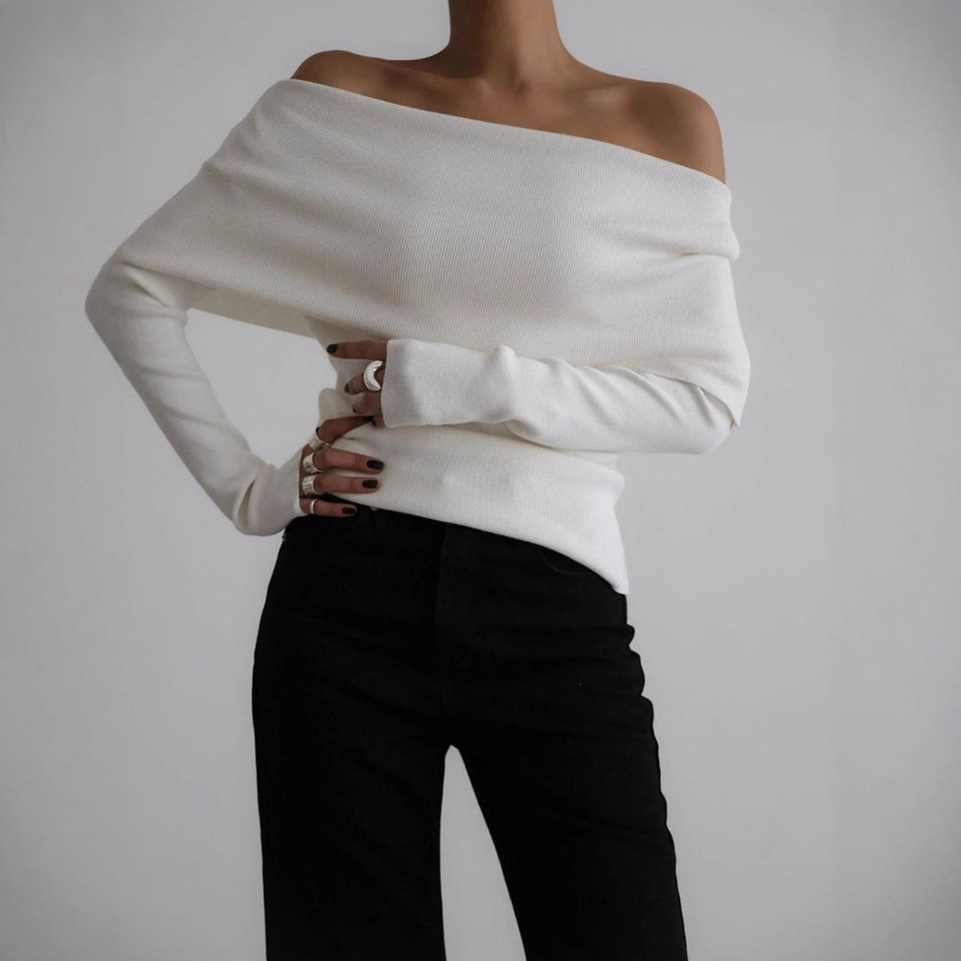 Damen schulterfreier Feinstrick-Pullover mit umlegbarem Carmenkragen Shop Nory