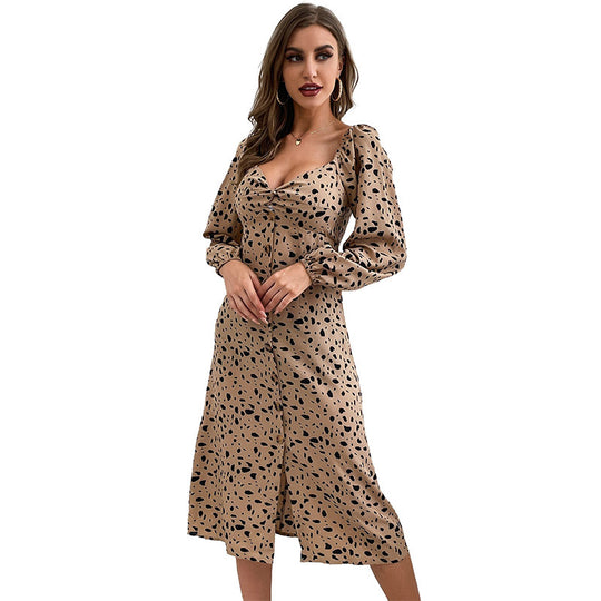 Damen Midikleid mit Herz-Ausschnitt, Puffärmeln und durchgehender Knopfleiste Shop Nory
