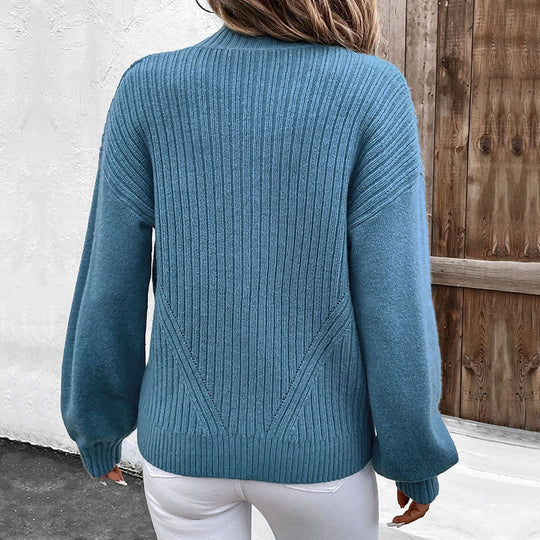 Damen Reißverschluss-Strickjacke mit Stehkragen, Rippenstruktur und Ballonärmeln Shop Nory
