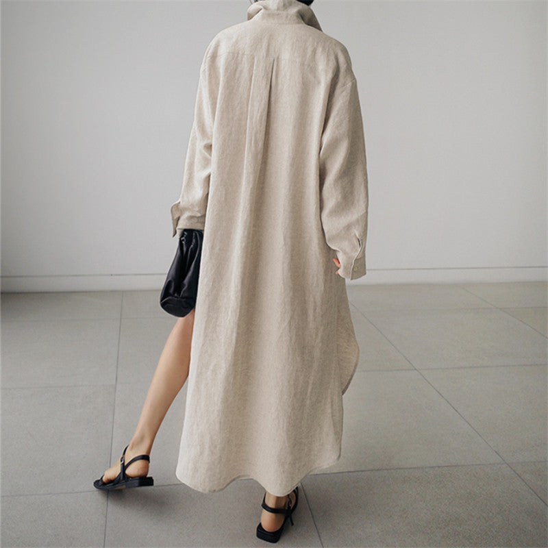 Damen Langes Leichtes Hemdblusen-Midaxi-Kleid mit Kentkragen und hohen Seitenschlitzen Shop Nory