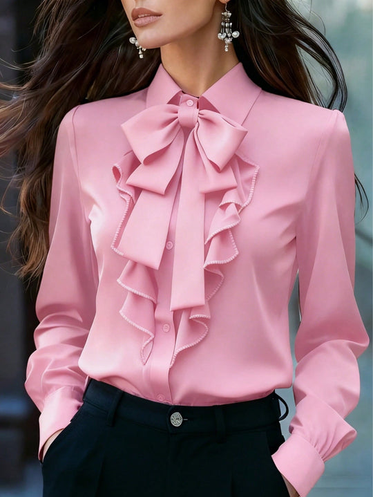 Damen Rüschenbluse mit Schleifenkragen und Volantfront Shop Nory
