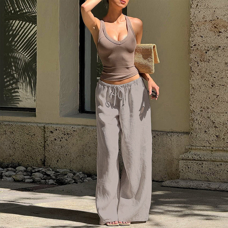 Damen weite Leinenhose im Culotte-Stil mit elastischem Bund und Kordelzug Shop Nory