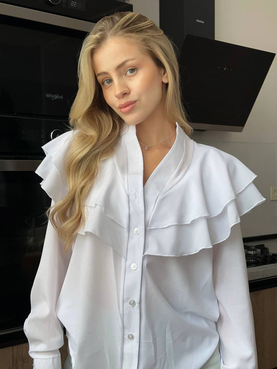 Damen Chiffon-Bluse mit mehrlagiger Volant-Rüsche und Perlmuttknöpfen Shop Nory