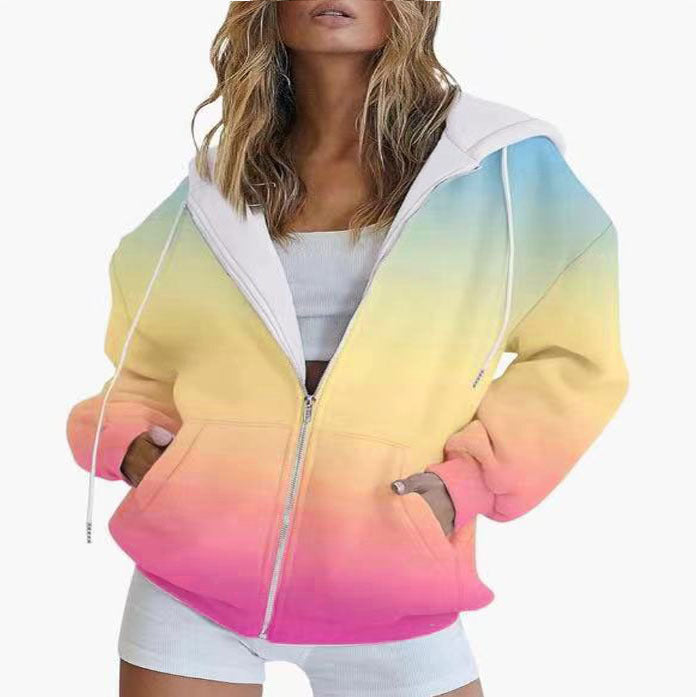 Damen Oversized Kapuzenjacke mit Farbverlauf und Praktischen Taschen Shopnory