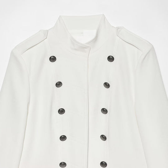 Damen Kurze militärisch-inspirierte Doppelreihige Jacke mit Stehkragen und Pattentaschen Shop Nory